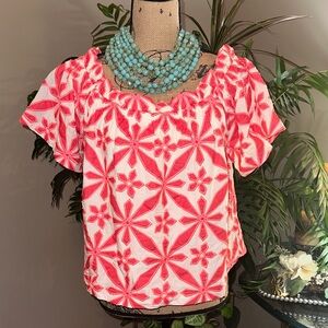 Skies Are Blue Red/Orange color Geometric Floral Blouse